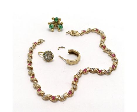 Small qty of scrap gold jewellery inc 9ct marked ruby &amp; diamond bracelet, 3 odd earrings (2 unmarked) - total weight 8.7g