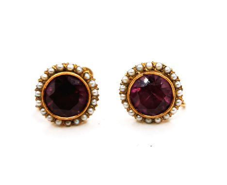 14ct marked gold simulated alexandrite (approx 9mm in diameter) &amp; seed pearl screw back earrings - 6g total weight 