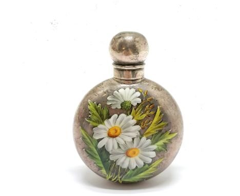 Silver hallmarked scent bottle with enamel daisy decoration to front - 4.5cm diameter &amp; 36g total weight ~ dents to body 