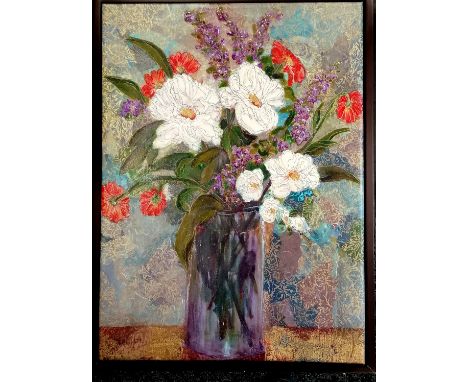 Framed print of vase of flowers with hand painted detail by Elizabeth Van Riper - 80cm x 60cm 