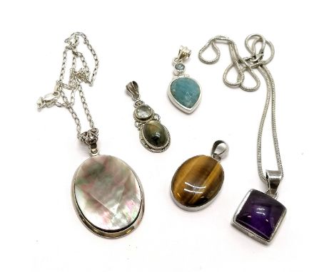 5 x silver pendants (2 on silver chains - longest 46cm) inc square cabochon amethyst, tigers eye, mother of pearl etc ~ total