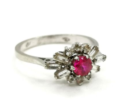 18ct foreign marked white gold ruby &amp; white stone set ring - size N½ &amp; 2.7g total weight 