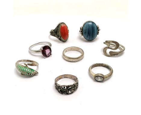 8 x silver rings inc topaz (?), stone set, unmarked enamel detail dolphin ~ total weight 35g - SOLD ON BEHALF OF THE NEW BREA