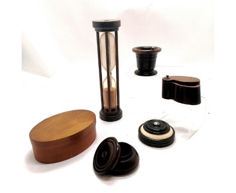 18 minute sand timer (33cm high), pestle &amp; mortar, 2 turned wooden boxes (1 with unmarked silver &amp; egg mount) etc 