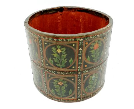 Hand decorated vintage Indian wooden grain measure with metal bands - 26cm diameter &amp; 23cm high
