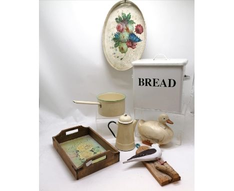 White enamel bread bin, saucepan and coffee pot, painted tray and another T/W 2 wooden bird figures. All slight A/F 