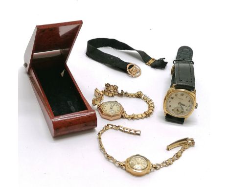 3 x vintage gold cased mechanical wind watches - the stepped case ladies watch is on a 9ct gold bracelet t/w broken ribbon br