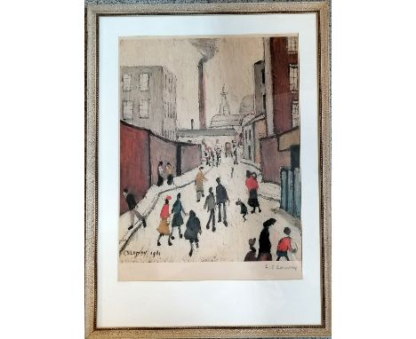 L S Lowry hand signed print of a street scene - has Fine Art Trade Guild blind stamp in left margin - frame 37cm x 27cm ~ Lau