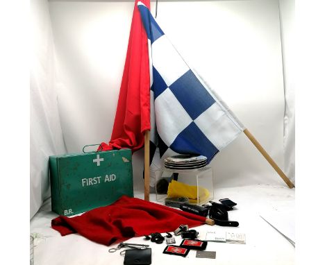 Railwayana inc 2 whistles, keys, belts, first aid pouch, cloth badges, 4 flags (with 3 poles), 4 collectors plates &amp; empt