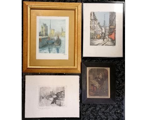 3 x French signed prints inc Les Bouquinists de Paris (print 25cm x 32cm) t/w I'm grandfather framed print 