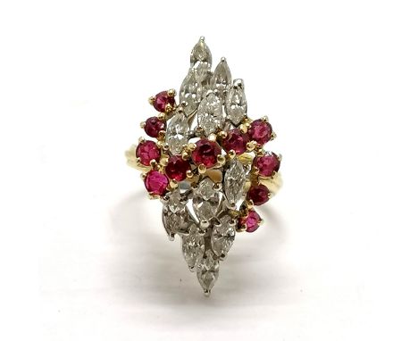 18ct hallmarked gold marquise diamond and ruby ring - size K½ &amp; 6.7g total weight 