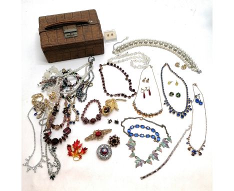 Austrian crystal costume necklaces t/w qty of costume jewellery in a vintage brown double opening jewellery box - SOLD ON BEH