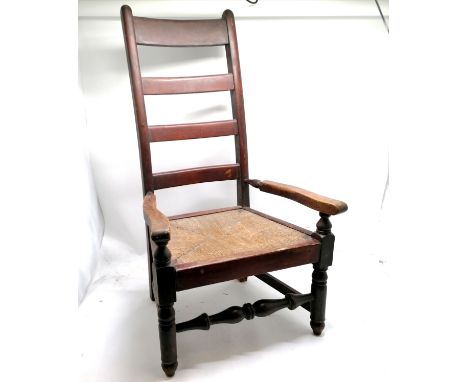 Antique rush seated country lambing chair with high ladder back - 103cm high 47cm deep 55cm wide ~ slightly loose in joints 