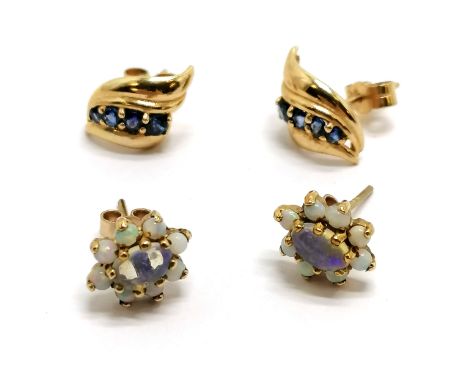 2 pairs of 9ct hallmarked gold earrings - blue stone &amp; opal cluster ~ total weight 3.8g - SOLD ON BEHALF OF THE NEW BREAS