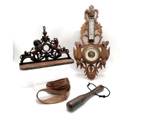 Hand carved royal cypher commemorative (?) shelf with brass mounts (36cm across) t/w antique priest, hand carved barometer / 