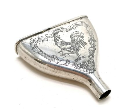 Black, Starr &amp; Frost sterling silver funnel for hip flask with cockerel holding a glass detail with title "Here's How" - 