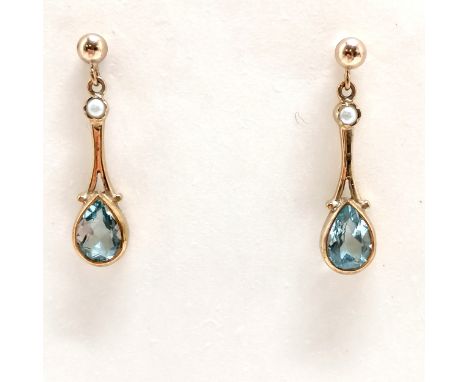9ct hallmarked gold aquamarine &amp; pearl drop earrings - 1.7g total weight - SOLD ON BEHALF OF THE NEW BREAST CANCER UNIT A