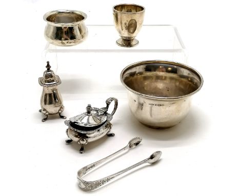 Sterling silver sugar basin by Cooke &amp; Kelvey, Calcutta (10.5cm diameter &amp; has dent) t/w egg cup, pepperette, mustard