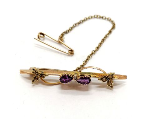 Antique 9ct marked gold amethyst &amp; seed pearl brooch ~ 4.5cm long &amp; 2.4g total weight ~ 4 seed pearls missing 