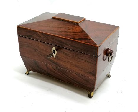 Antique mahogany tea caddy on brass feet with boxwood banding. Has original key. 20cm x 15cm x 12cm. T/w a small olive wood b