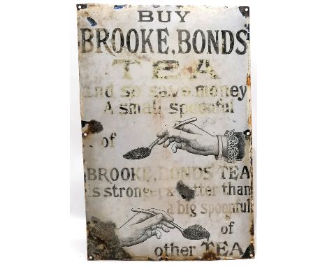 Original antique Brooke Bonds tea pictorial enamel advertising sign - 46cm x 30cm ~ has obvious losses / wear and fading