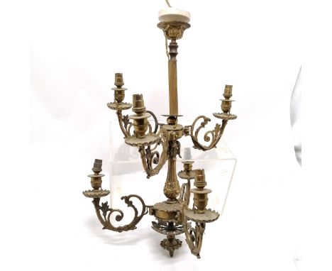 Antique 6 arm gilt brass ceiling light - 54cm drop 
