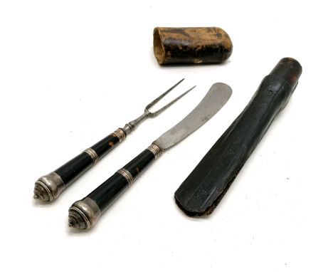 Antique campaign steel knife and 2 pronged fork with tortoiseshell &amp; silver mounted handles (by R T) in a 21cm case with 