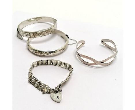 3 x silver bangles (1 is crossover design) t/w silver gate link bracelet with heart padlock catch ~ 64g total 