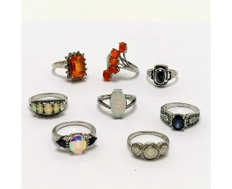 8 x silver stone set rings inc opal - 33g total weight ~ the orange rectangular stone ring is missing 1 white stone 