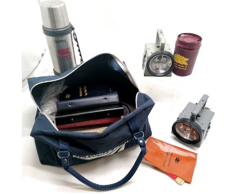 2 x British Rail bardic signal lamps, branded thermos flask &amp; working manuals / instruction books, clipboard etc in a Net