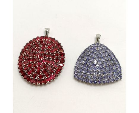 2 large silver multi stone set (ruby &amp; tanzanite?) pendants - oval is 5cm drop ~ 27g total weight