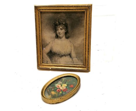 Antique gilt framed print of a woman 22cm x 26cm T/W a small oval framed print of flowers 