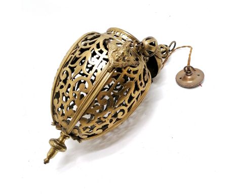 1920's good quality brass ceiling light fitting with pierced cage &amp; cherub decoration - approx 62cm drop 