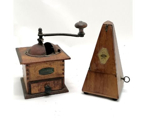 Vintage continental coffee grinder (21cm high &amp; has chip to corner) t/w metronome (hatch a/f &amp; missing base) 
