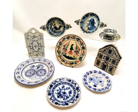 Delft pair of dishes 25cm across, Quimper plate 24cm across, J B Cappellemans Angler cup and saucer, etc. 