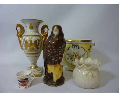 Royal Doulton 'Buzzard' whisky decanter, Royal Worcester miniature mug with hand painted decoration, Belleek pot, Limoges gil