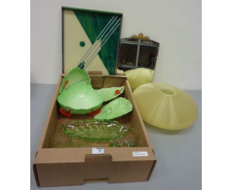 Carltonware 'lobster' salad bowl and three leaf moulded dishes, coloured glassware, 1960s Rotaflex lamp shade, tray and frame