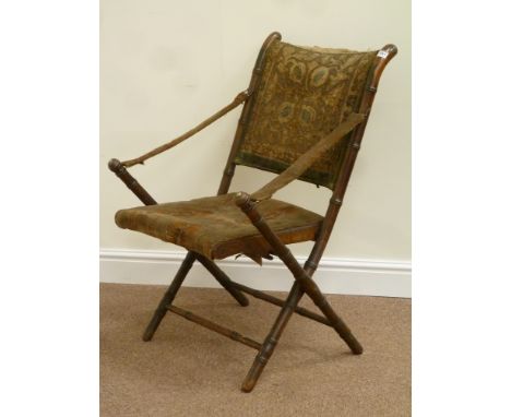 19th century beech simulated bamboo framed folding campaign chair, original tapestry cover