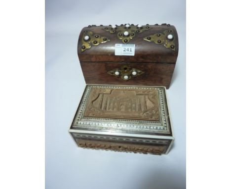 Victorian walnut dome top tea caddy with brass decoration L20cm and one other box
