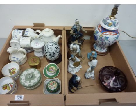 Collection of oriental figures,Royal Doulton 'Minerva' teaware, Wedgwood dressing table jar, ruby overlaid lidded bowl, and o