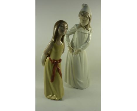 Lladro figure of a girl with a hat H25cm and a Nao figure of a girl with a torn nightdress H31cm 