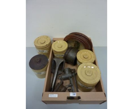 19th Century stoneware kitchen storage jars, Albert Pillivuyt teapot, other kitchenalia and two oak framed plates in two boxe