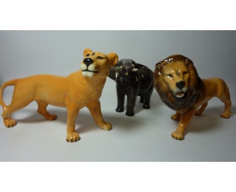 Beswick lion, lioness, and elephant  Condition Report Elephant a/f - trunk restored 