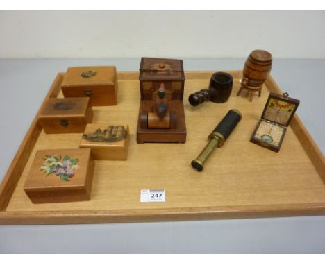 Treen - oak tray, three Mauchlineware boxes and one other, novelty cigarette dispenser, miniature telescope, compass and two 