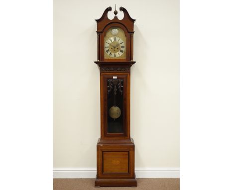 Edwardian mahogany satinwood inlaid longcase clock, brass dial signed Tempus Fugit, chiming movement