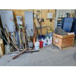 LOT OF MISC. CLEANING SUPPLIES INCLUDING BROOMS, SHOVELS, RAGS, GARBAGE CANS, FLOOR CLEAN ETC.