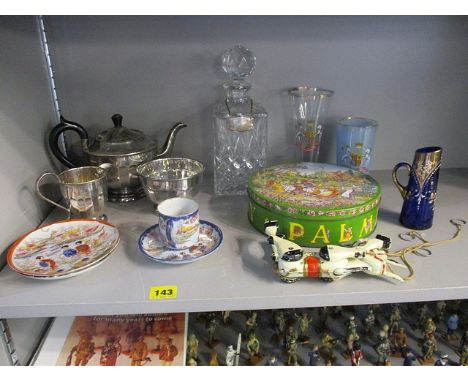 Collectables to include a painted diecast Muffin The Mule puppet, a Palmers biscuit tin, ceramics, glassware and silver plate