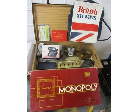 A mixed lot to include boxes, games, a late Victorian brass letter set of scales, and other items