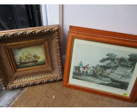 A set of four bird's-eye maple framed engravings, and an ornate framed print