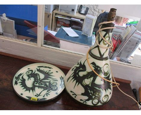 Celtic pottery decorated with birds on a cream ground comprising a tray A/F and a lamp base